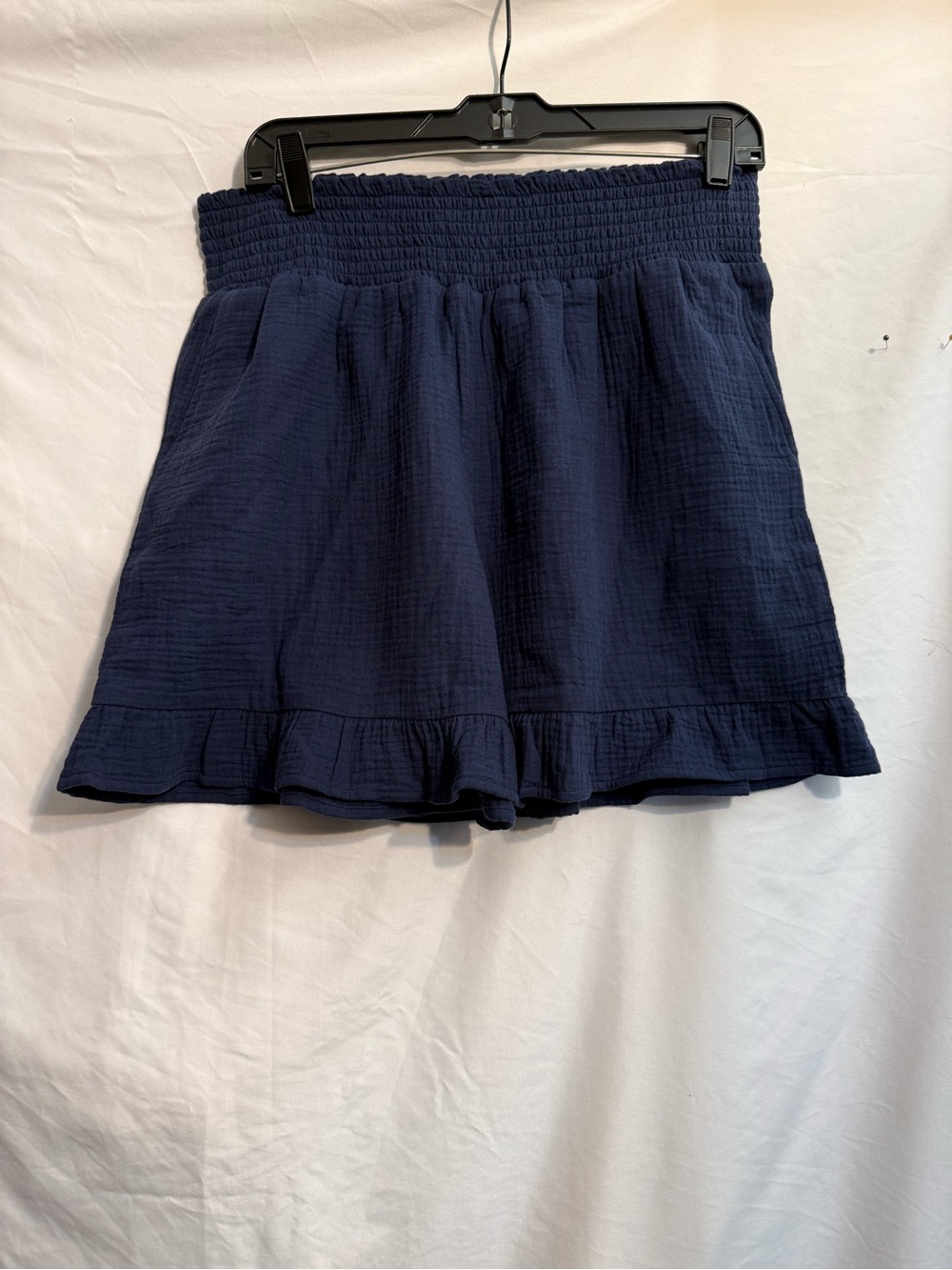 Smocked High-Waist Navy Shorts with Ruffle Hem
